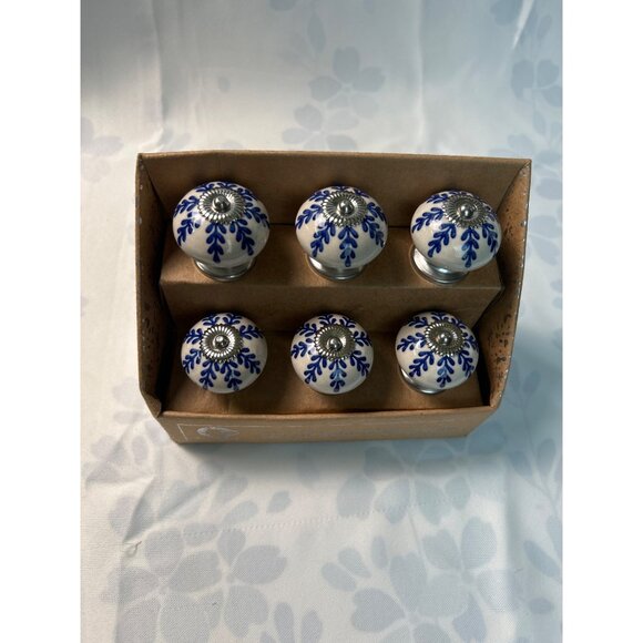 Set Of 6 Casa Decor Ceramic Drawer Knobs With Blue Floral Design Made In India - Picture 4 of 6